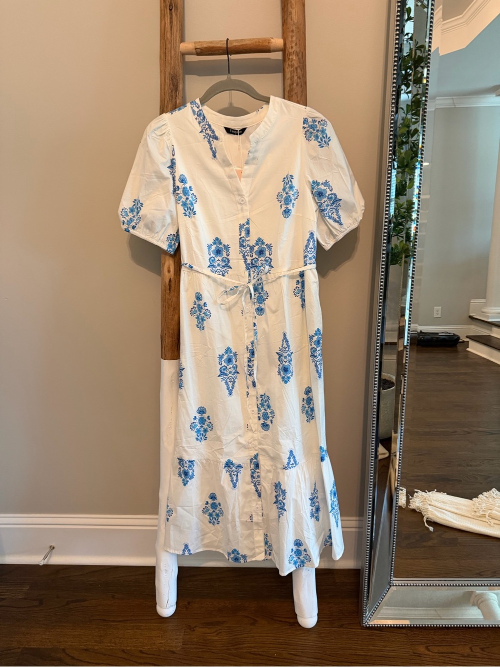 Fashion Nova White Midi Dress with Blue Floral Print